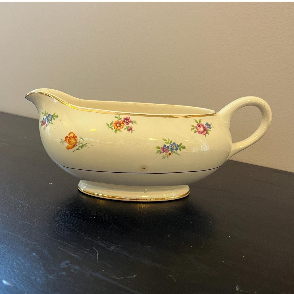 Vintage Crocksville China Floral Gravy Boat Made in USA Gold Trim Farmhouse